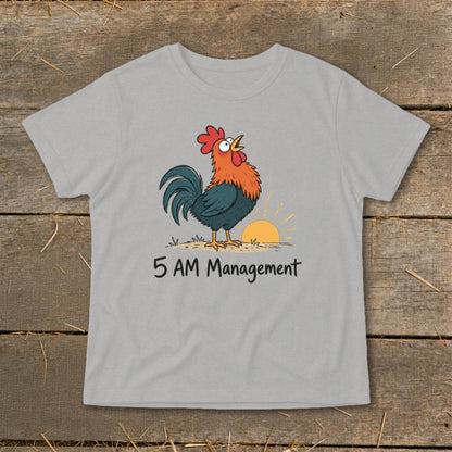 Gray t-shirt with cartoon rooster crowing at sunrise with text "5 AM Management".