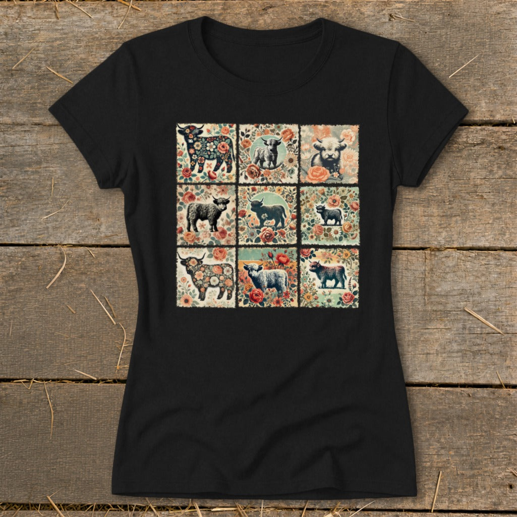Black t-shirt with nine floral patterned squares featuring highland cows.