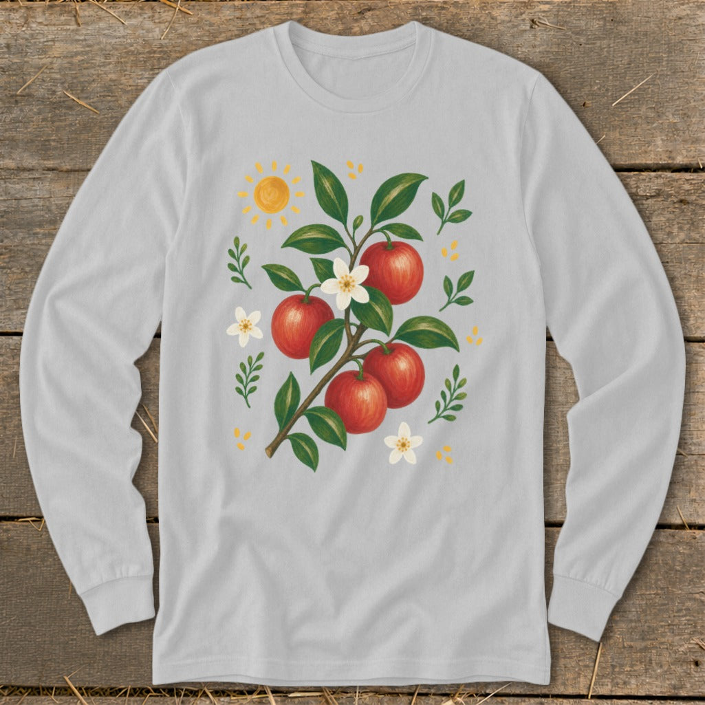 Long sleeve light grey t-shirt with apple branch and sun graphic.