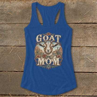 Blue tank top with "GOAT MOM" text and a goat's head in a desert landscape.