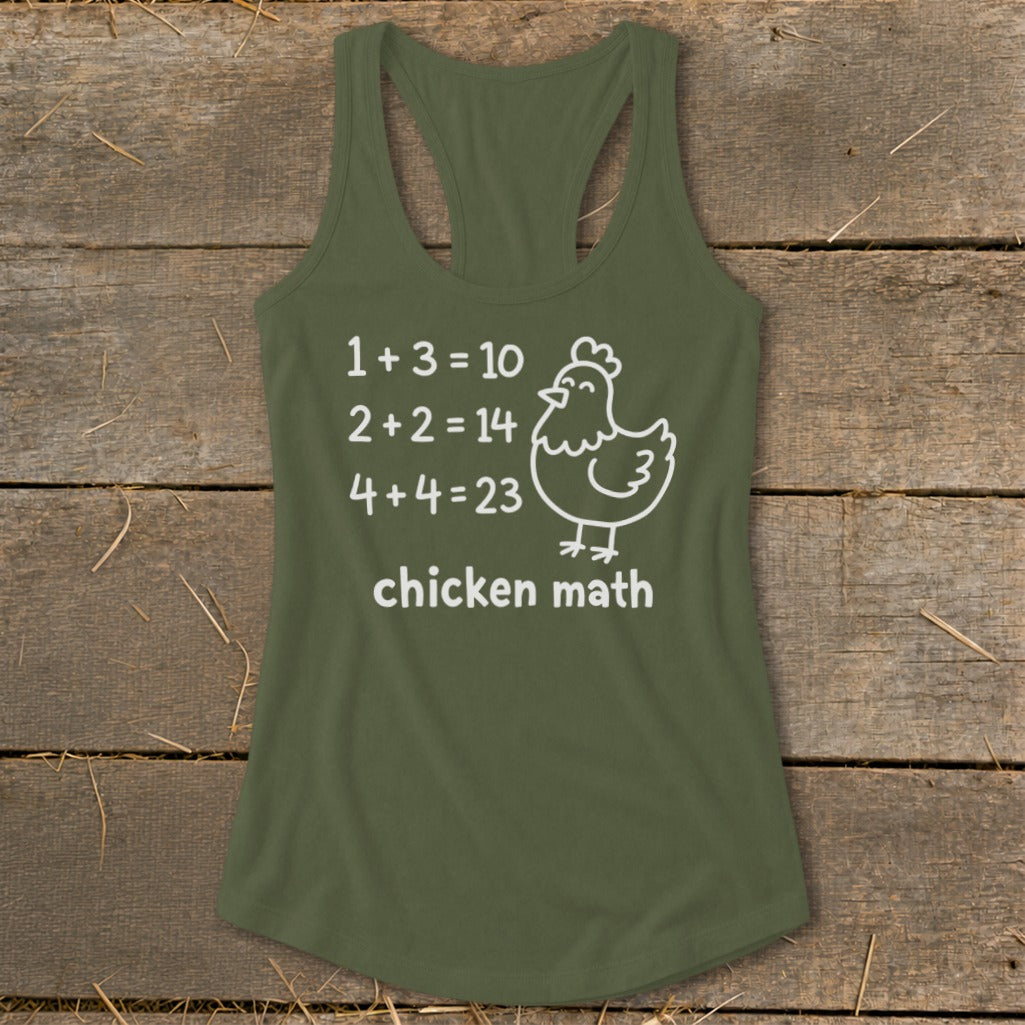 Olive green tank top with "chicken math" and humorous math equations and a chicken graphic.