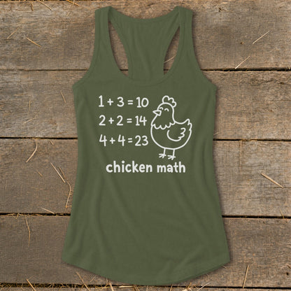 Olive green tank top with "chicken math" and humorous math equations and a chicken graphic.