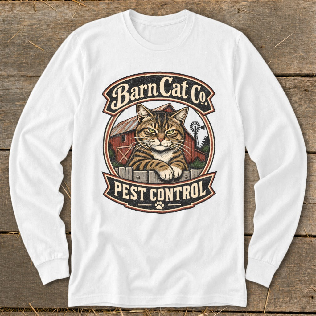 White long-sleeve t-shirt featuring a vintage graphic of a tabby cat behind a fence with a red barn.