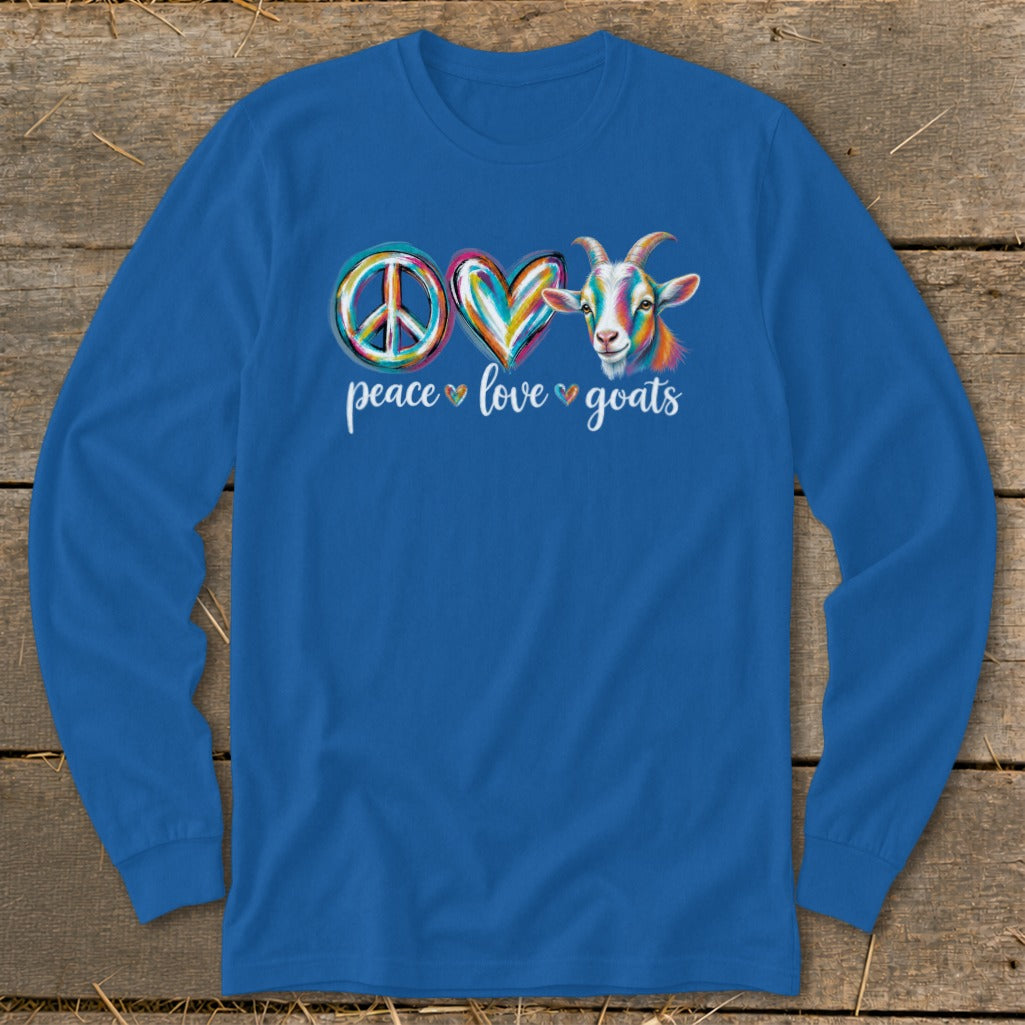Blue long-sleeve shirt with peace, heart, and goat graphic with text.