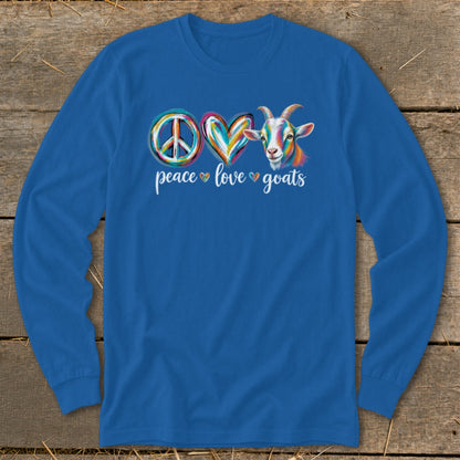 Blue long-sleeve shirt with peace, heart, and goat graphic with text.