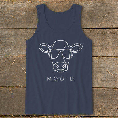 Navy tank top with white line art of a cow wearing sunglasses and text "MOO-D".