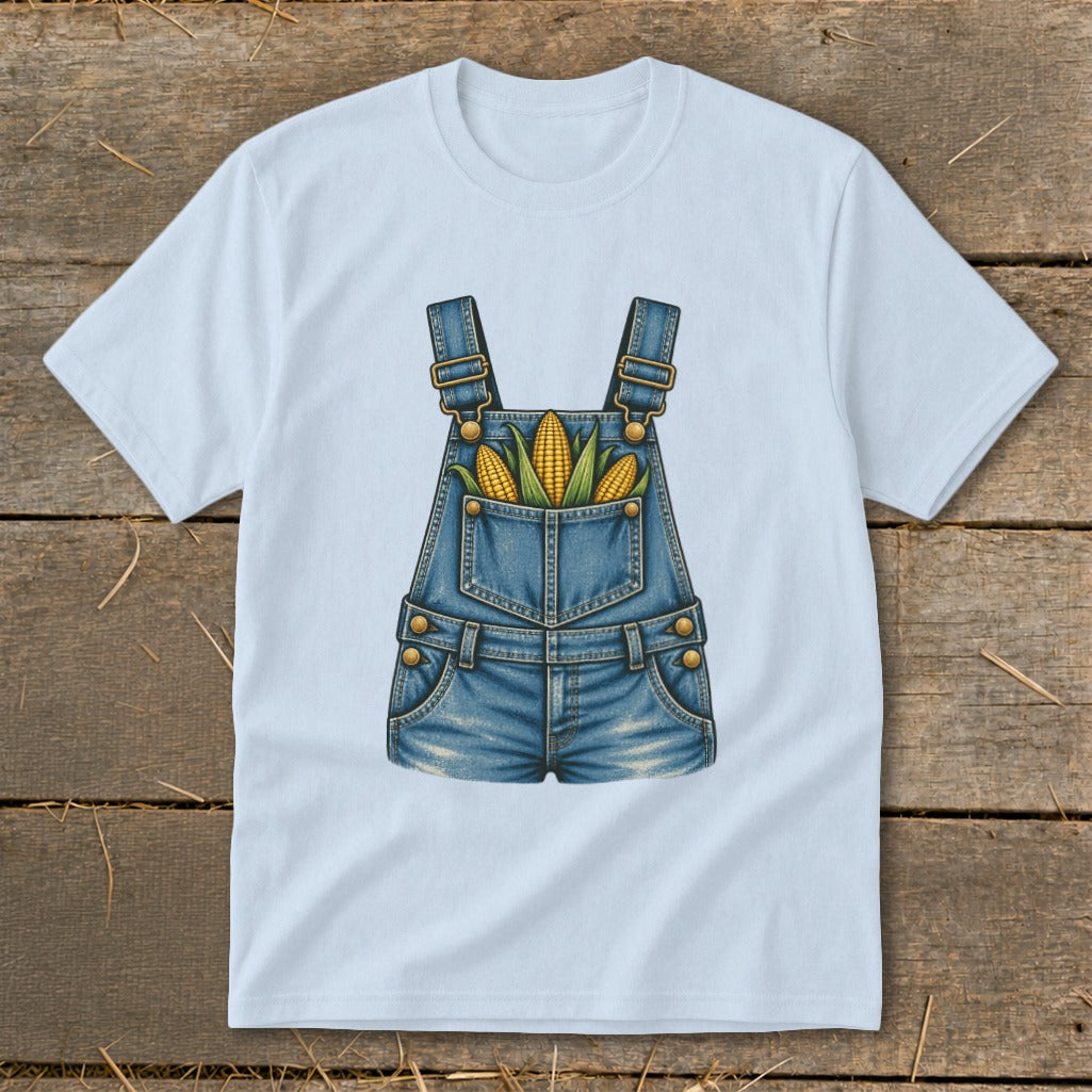 Light blue t-shirt with a denim overall graphic holding three ears of corn.
