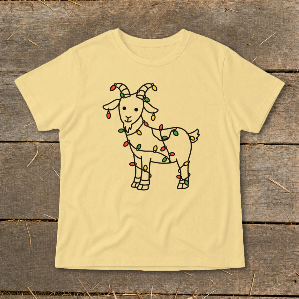 Light yellow t-shirt with a line drawing of a goat decorated with colorful Christmas lights.