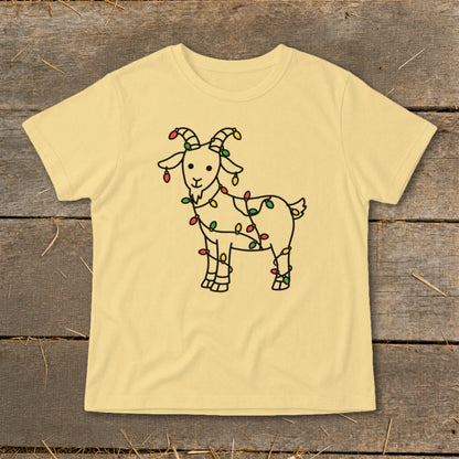 Light yellow t-shirt with a line drawing of a goat decorated with colorful Christmas lights.