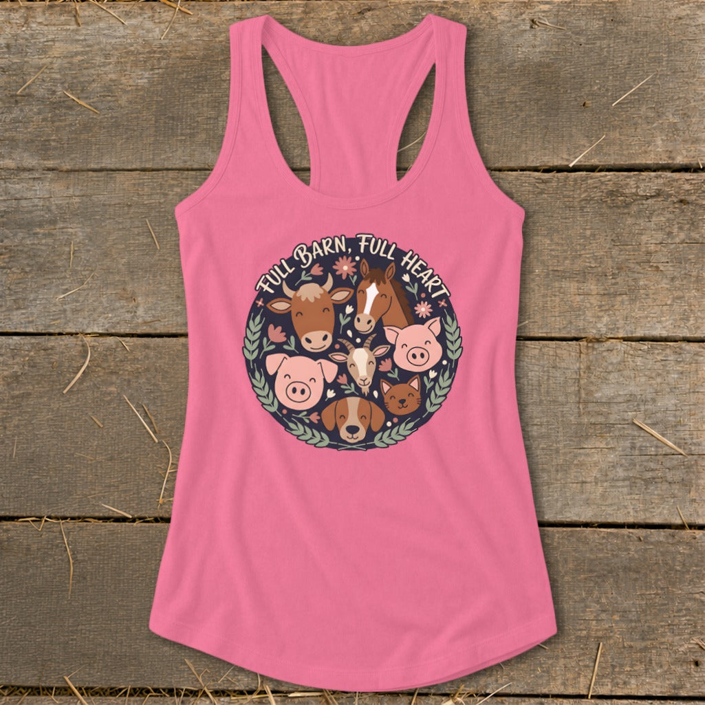 Pink tank top with cartoon farm animals and text "FULL BARN, FULL HEART".