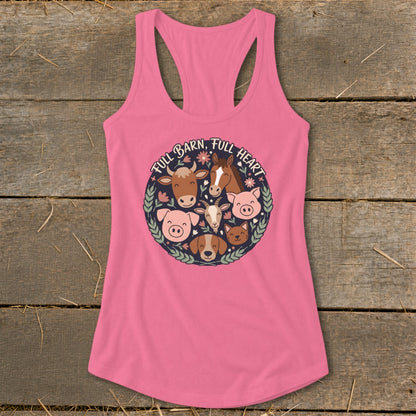 Pink tank top with cartoon farm animals and text "FULL BARN, FULL HEART".