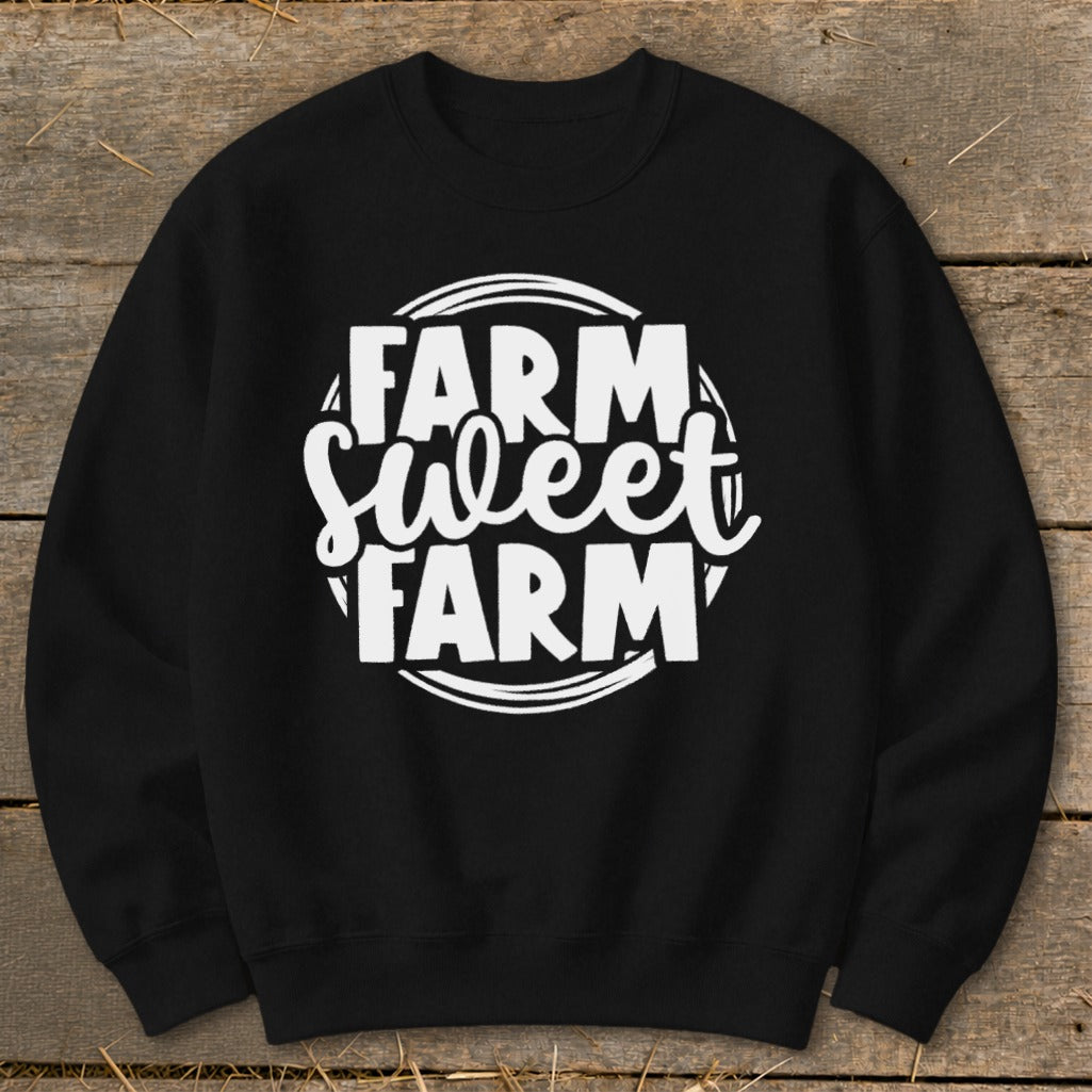 Black sweatshirt with white text reading "FARM Sweet FARM" inside a circle.