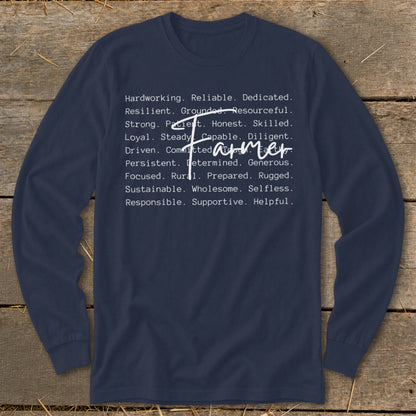 Navy long-sleeve shirt with text describing a farmer.