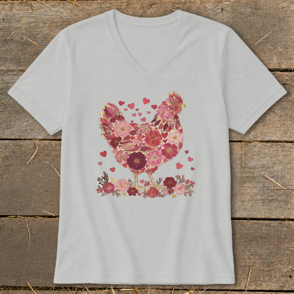 T-shirt with a floral hen design and pink hearts.