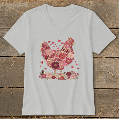 T-shirt with a floral hen design and pink hearts.