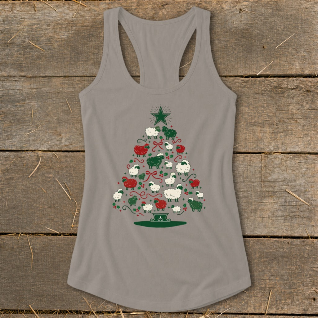 Gray tank top with Christmas tree made of sheep and holly.