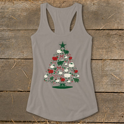 Gray tank top with Christmas tree made of sheep and holly.