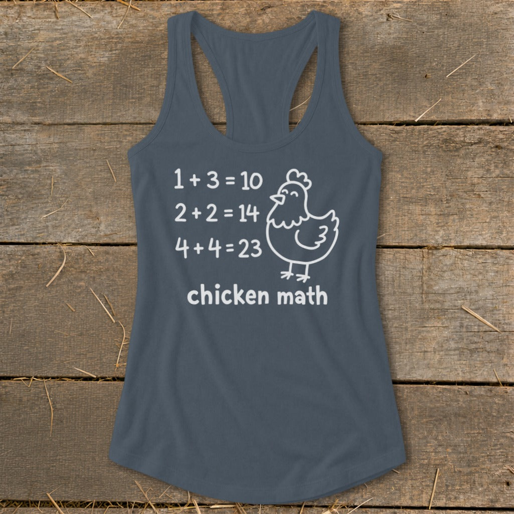 Gray tank top with "chicken math" and silly math equations.
