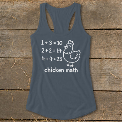 Gray tank top with "chicken math" and silly math equations.