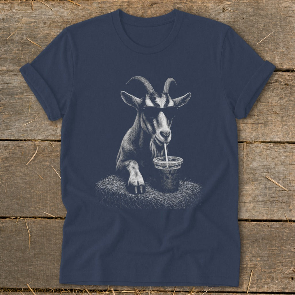 T-shirt with a goat wearing sunglasses and drinking from a straw.