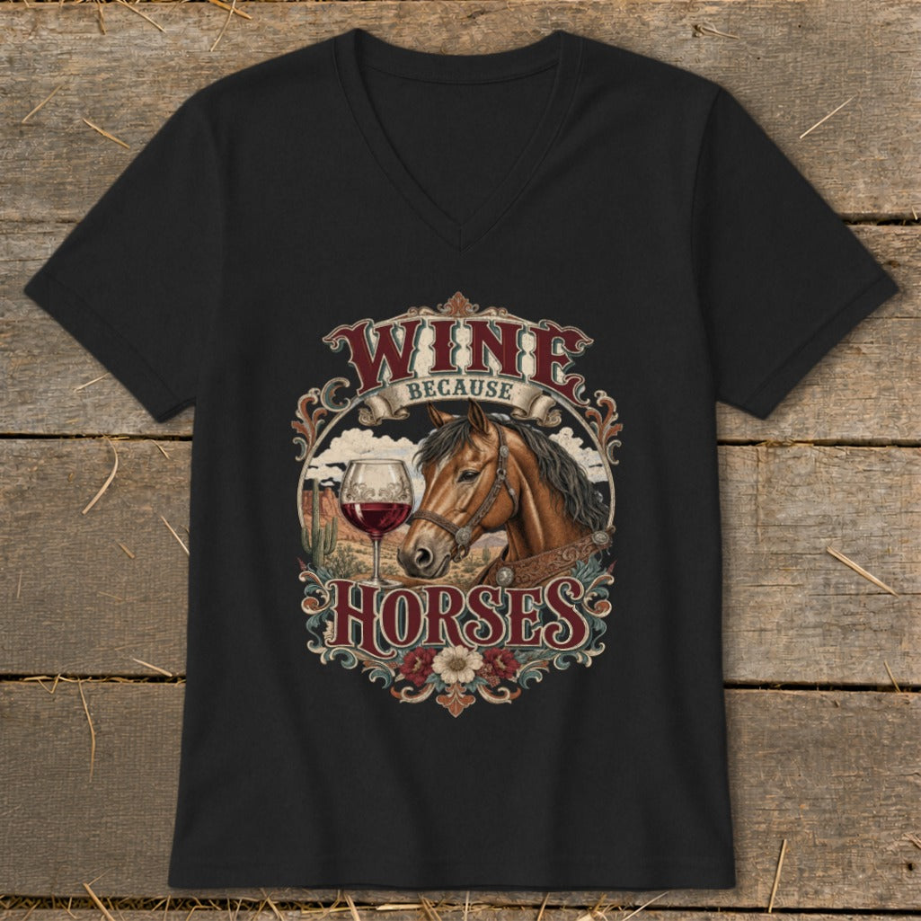Black t-shirt with a circular graphic featuring a horse, wine glass, and text "Wine Because Horses".