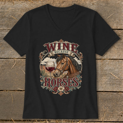 Black t-shirt with a circular graphic featuring a horse, wine glass, and text "Wine Because Horses".
