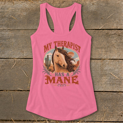 Pink tank top with "My Therapist Has A Mane" text and horse graphic.