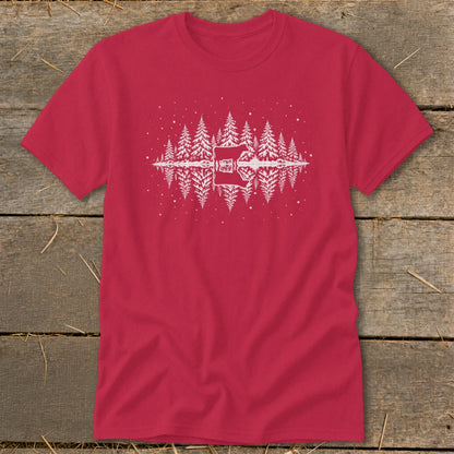 Red t-shirt with a white graphic of mirrored evergreen trees and a bear.