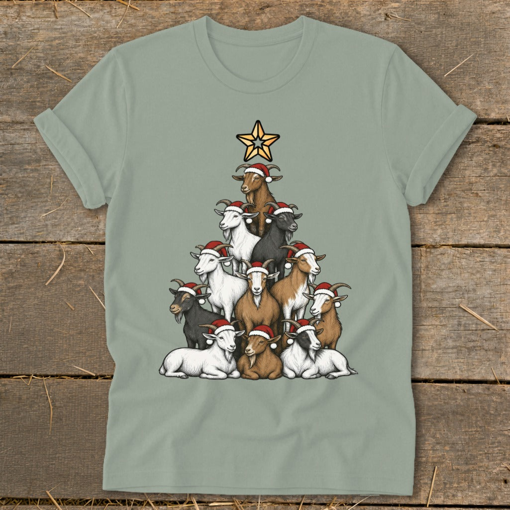 Goats wearing Santa hats form a Christmas tree shape topped with a star.