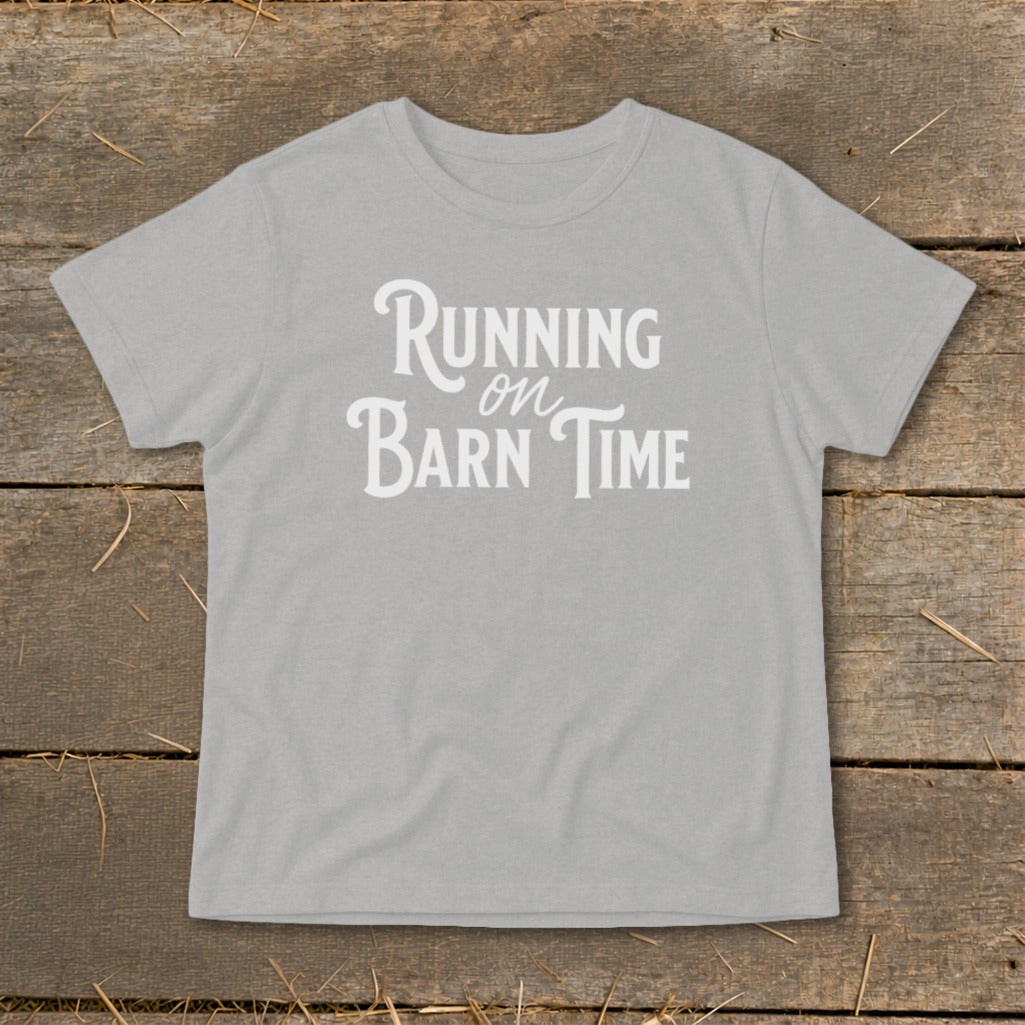 Light gray t-shirt with "Running on Barn Time" text in white.