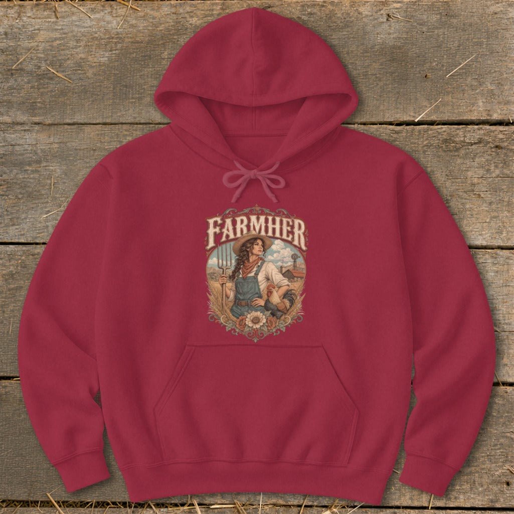 Maroon hoodie with "FARMHER" text and illustration of a female farmer.