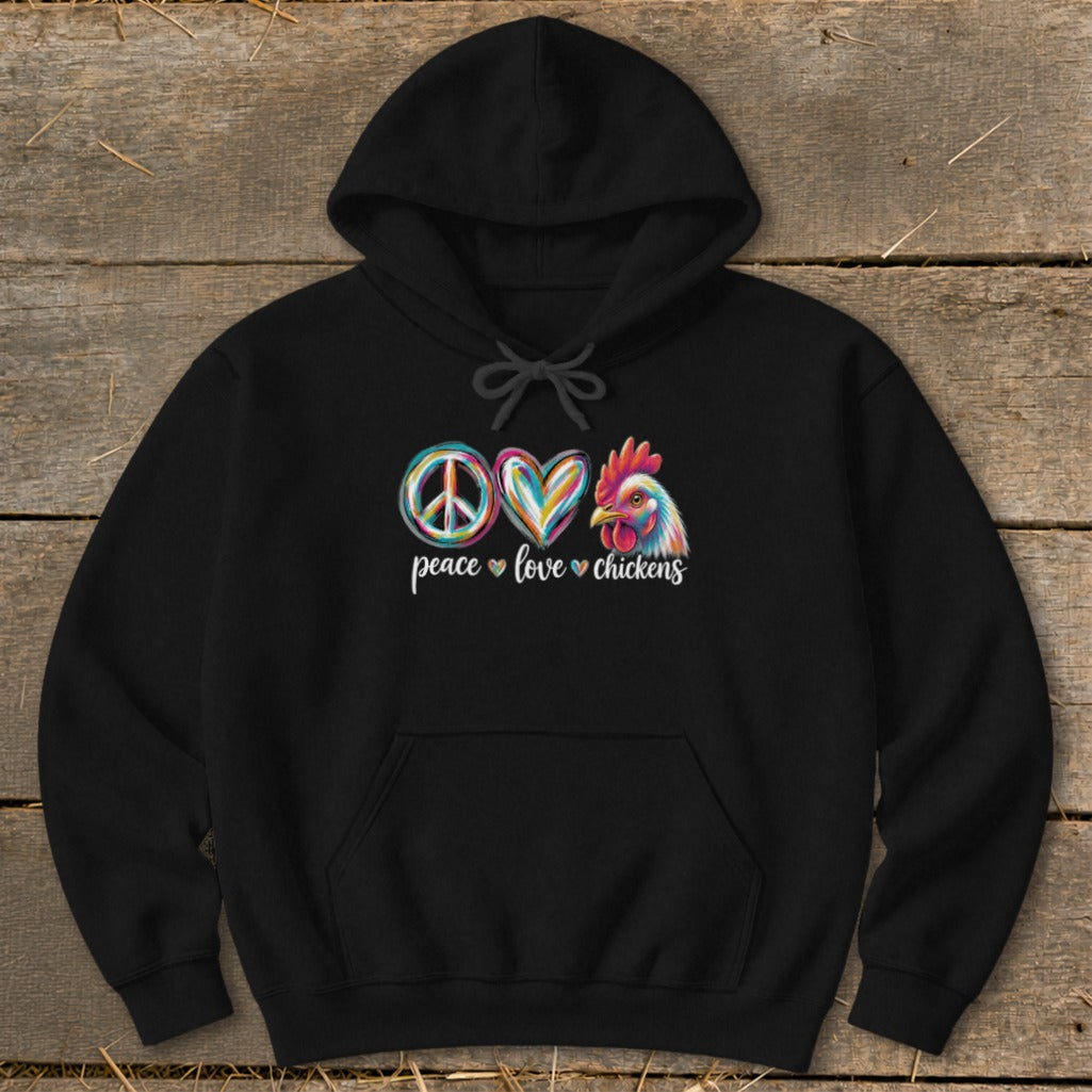 Black hoodie with peace, heart, and chicken graphic with text "peace love chickens."