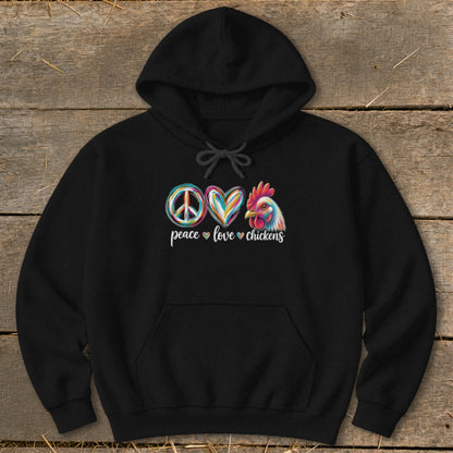 Black hoodie with peace, heart, and chicken graphic with text "peace love chickens."