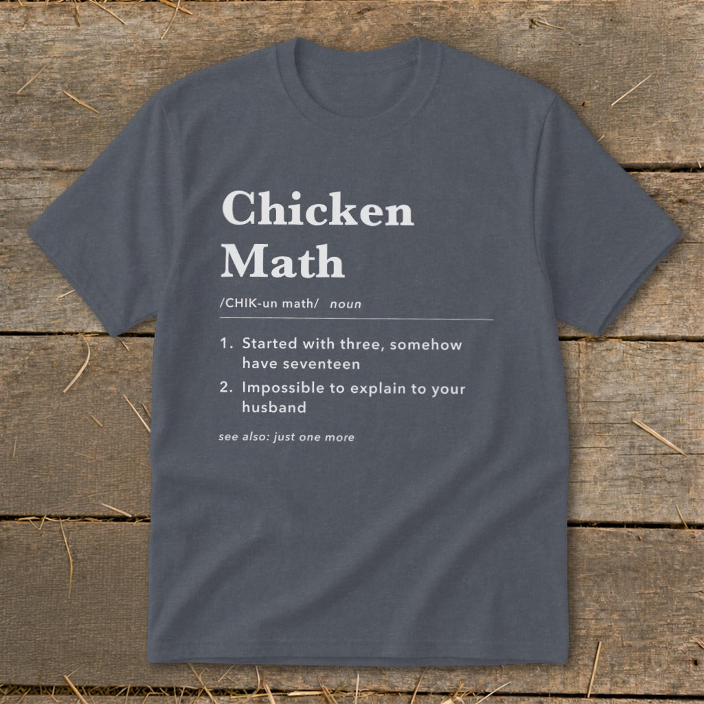 T-shirt with "Chicken Math" definition: started with three, have seventeen, impossible to explain.
