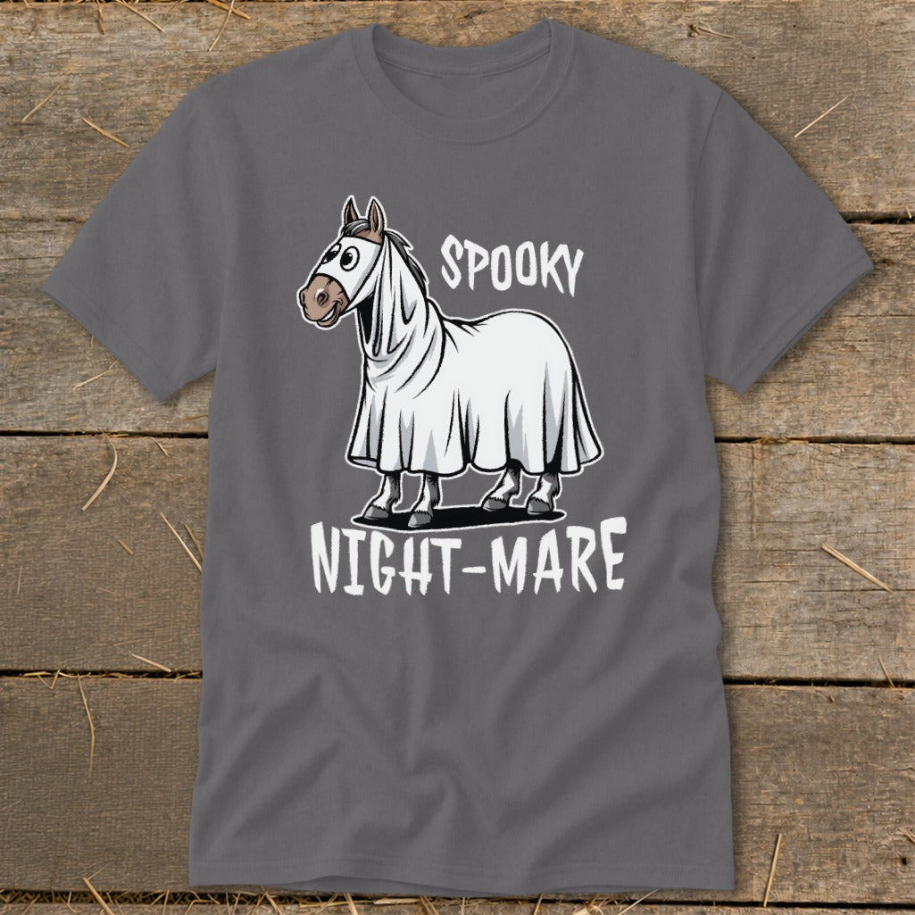 Horse wearing a ghost costume with "Spooky Night-Mare" text.