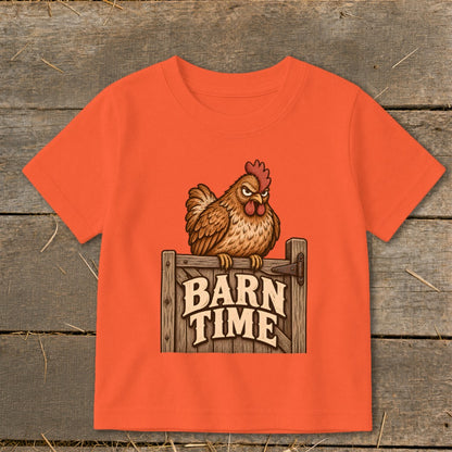 Orange t-shirt with a grumpy chicken above "BARN TIME" text on a wooden sign.