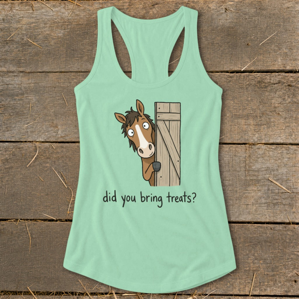 Light green tank top with a cartoon horse peeking from behind a wooden door.