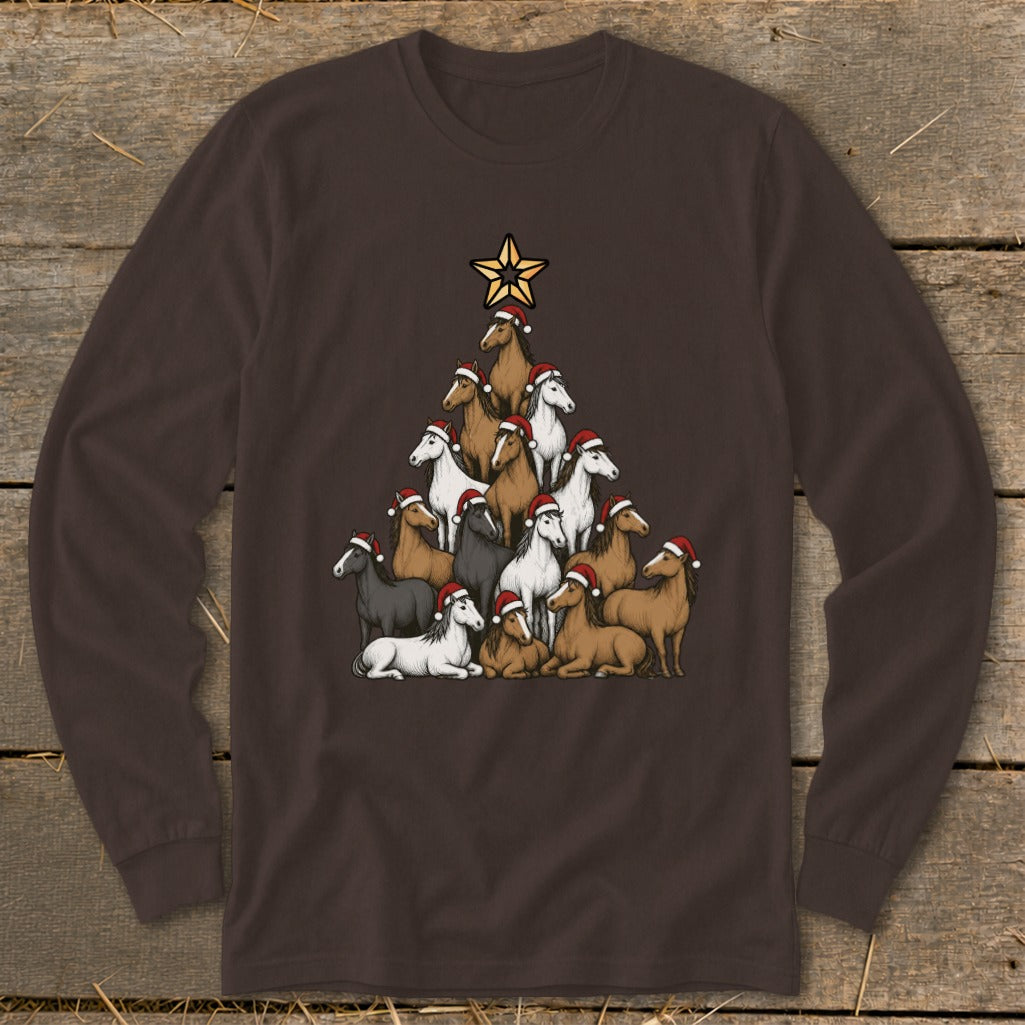 Christmas tree formed from horses wearing Santa hats with a star on top.