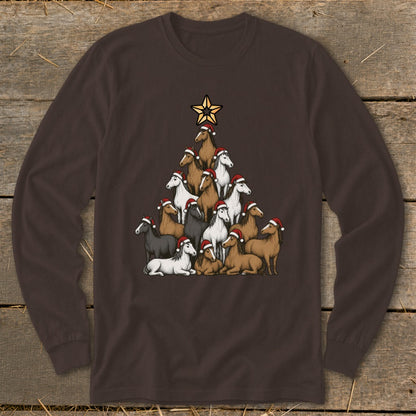 Christmas tree formed from horses wearing Santa hats with a star on top.