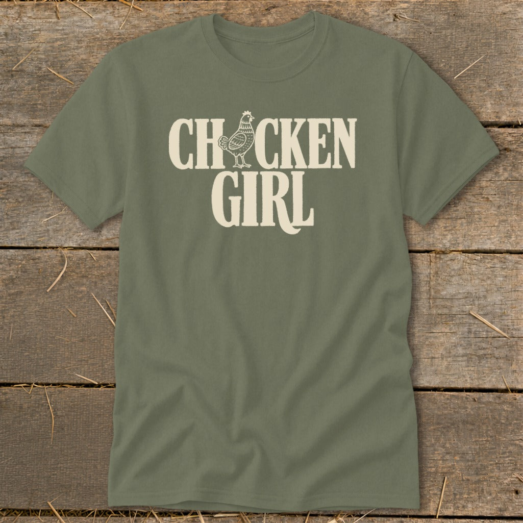 Olive green t-shirt with "CHICKEN GIRL" text and chicken graphic.