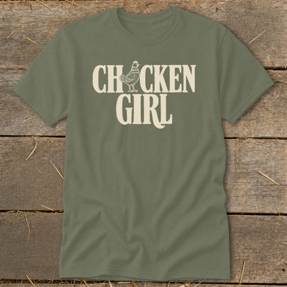 Olive green t-shirt with "CHICKEN GIRL" text and chicken graphic.