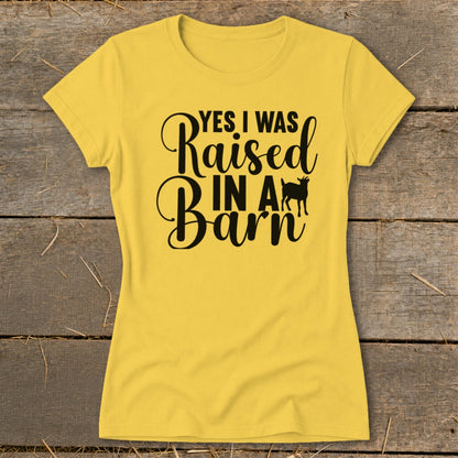Yellow t-shirt with "YES I WAS Raised IN A Barn" text and goat silhouette.