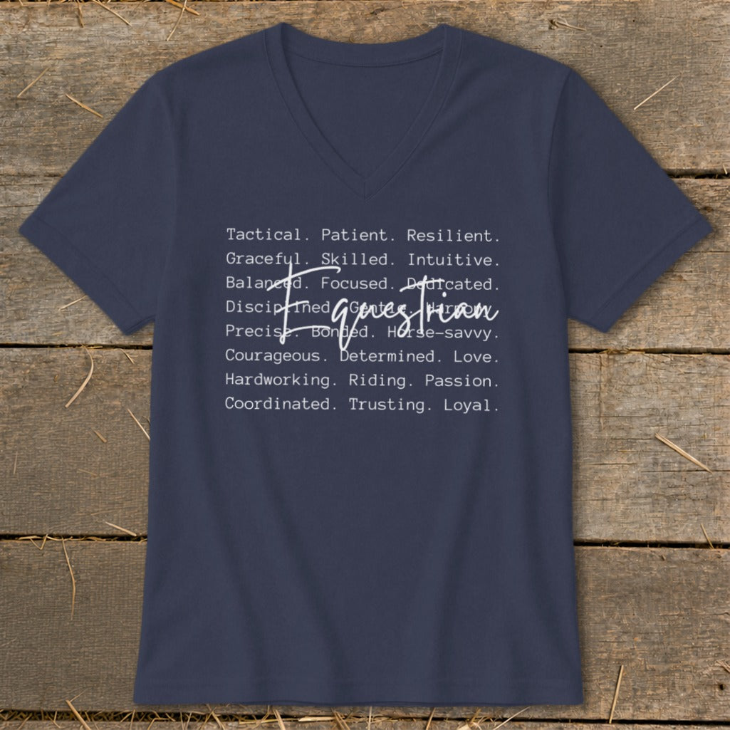 Navy t-shirt with "Equestrian" and descriptive words like patient, skilled, dedicated, and loyal.