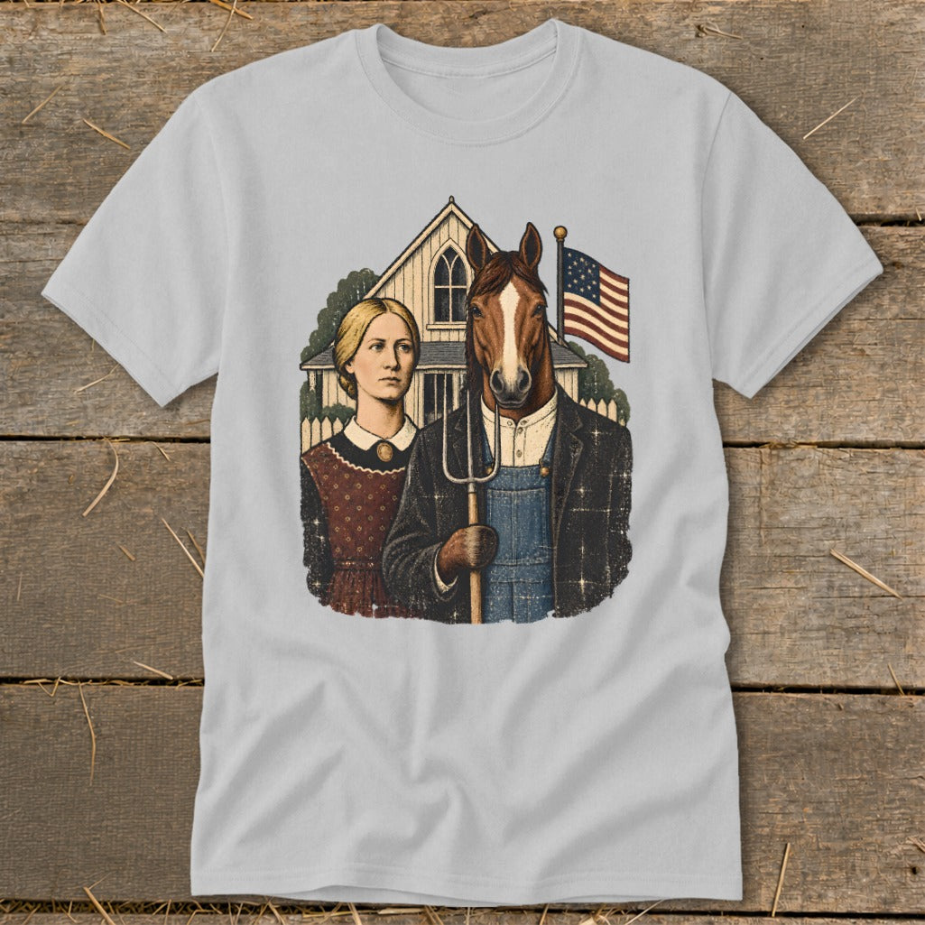 Light gray t-shirt featuring a parody of American Gothic with a horse-headed man holding a pitchfork.