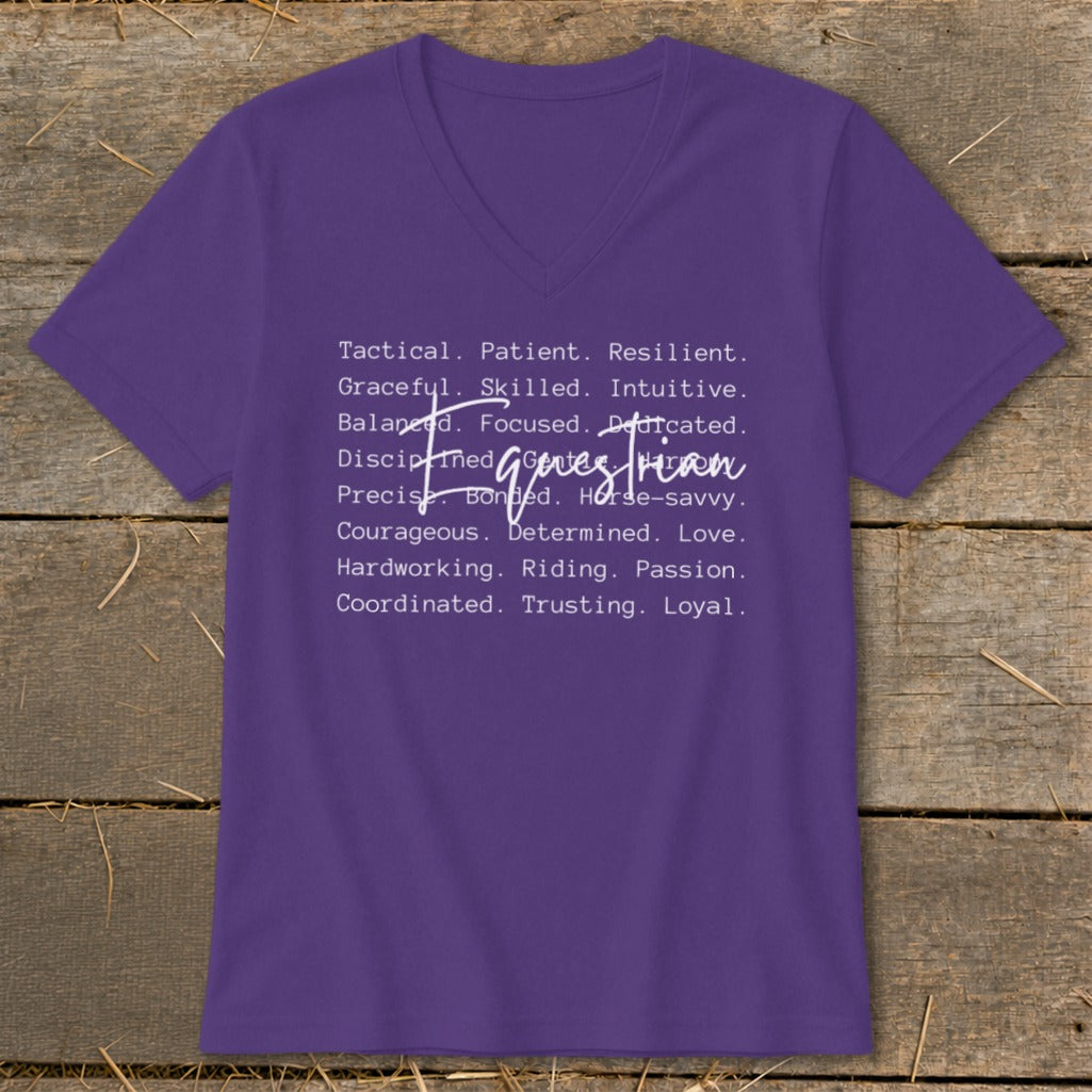 Purple v-neck t-shirt with white text listing traits and the word equestrian.
