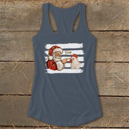 Santa booping a chicken with the text "Boop" on a tank top.