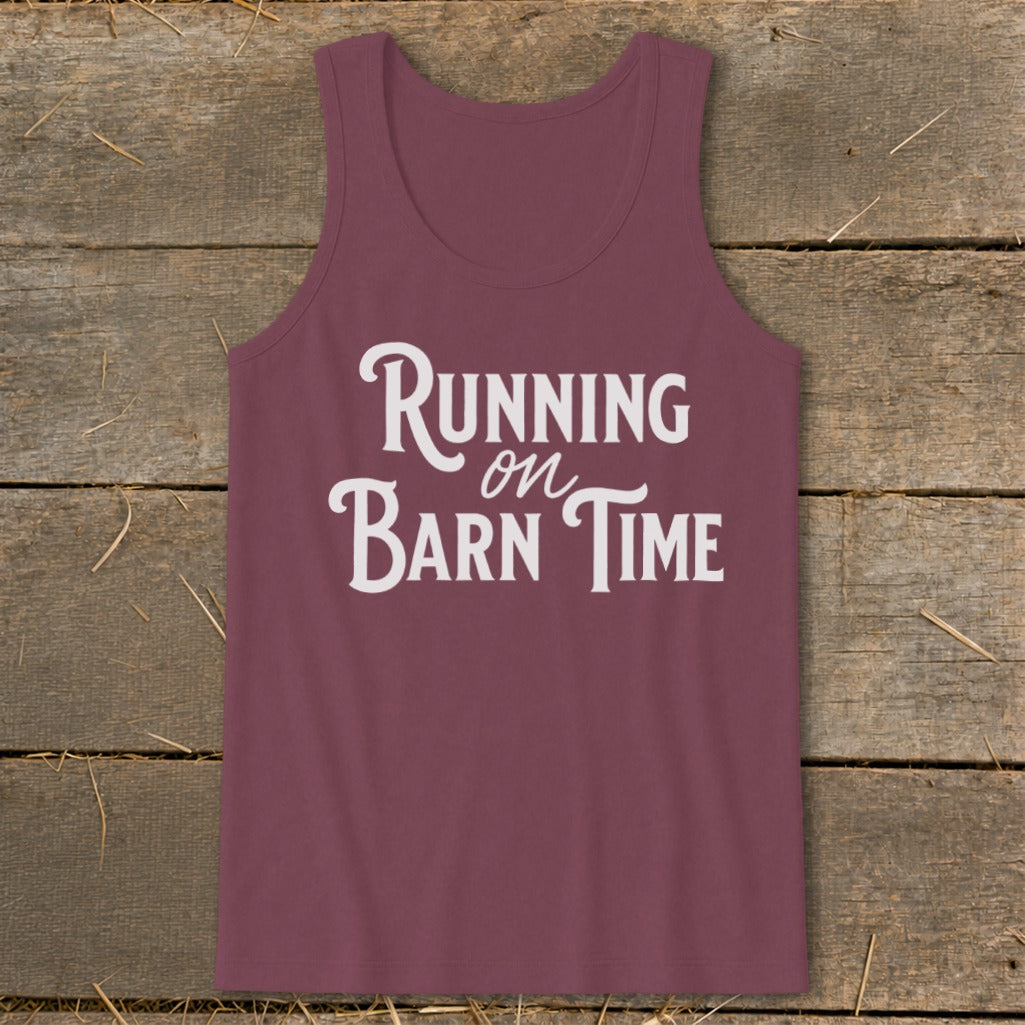 Burgundy tank top with "Running on Barn Time" white text.