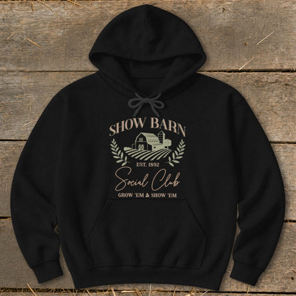 Black hoodie with "Show Barn Social Club" and farm graphic.