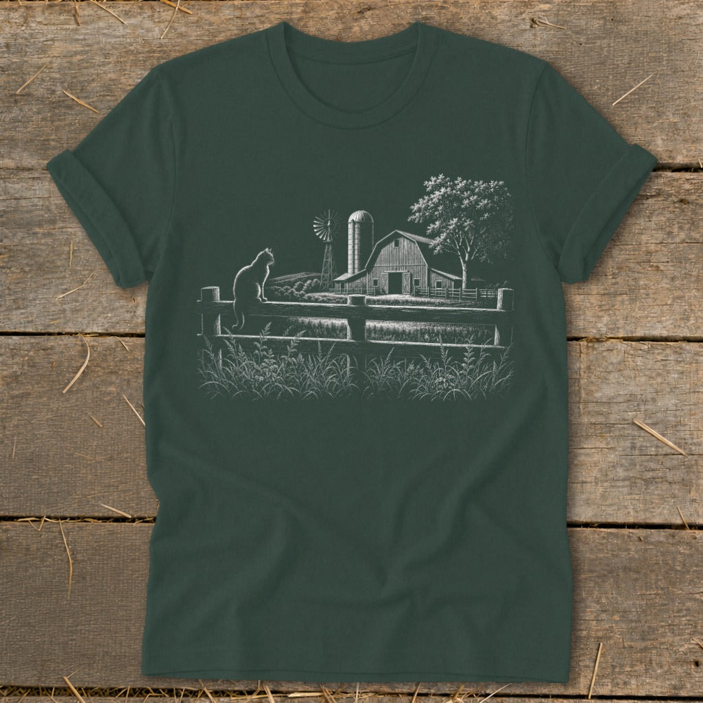 Cat sitting on fence with barn, windmill, tree, and grass in sketch style.
