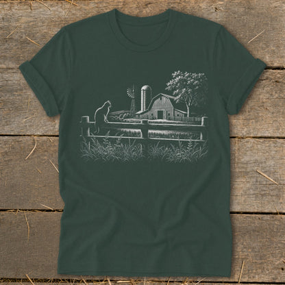 Cat sitting on fence with barn, windmill, tree, and grass in sketch style.